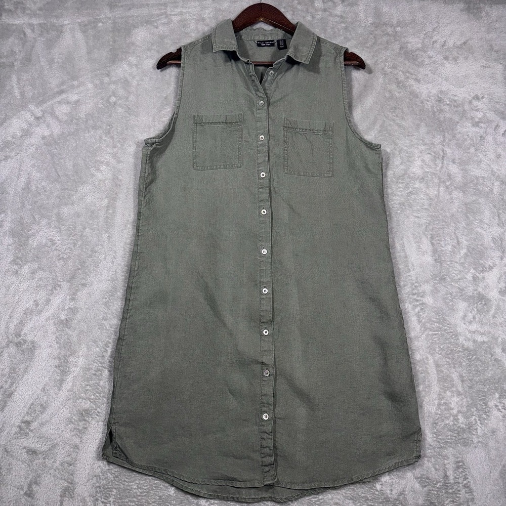 Willi Smith Women Dress‎ 12 Green 100% Linen Mini Shirt Sleeveless Button Up - Picture 2 of 9
